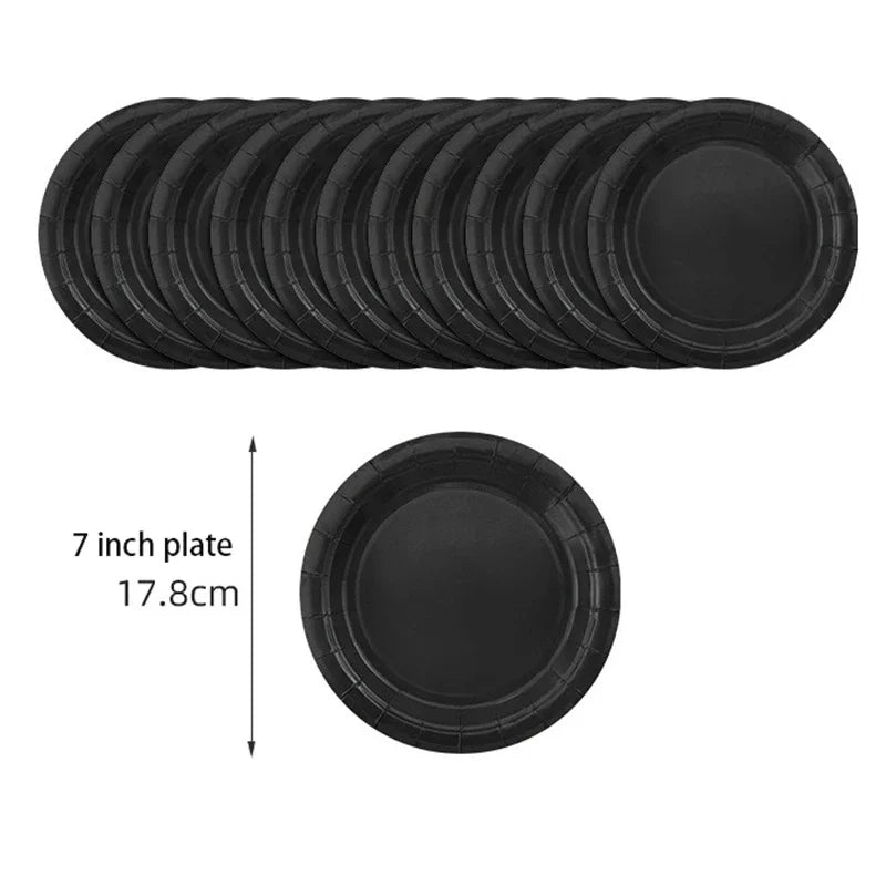 Disposable Tableware Solid Black Theme Birthday Party Paper Napkins Cups Plates Tablecloths Knife Fork Spoon Party Decorations