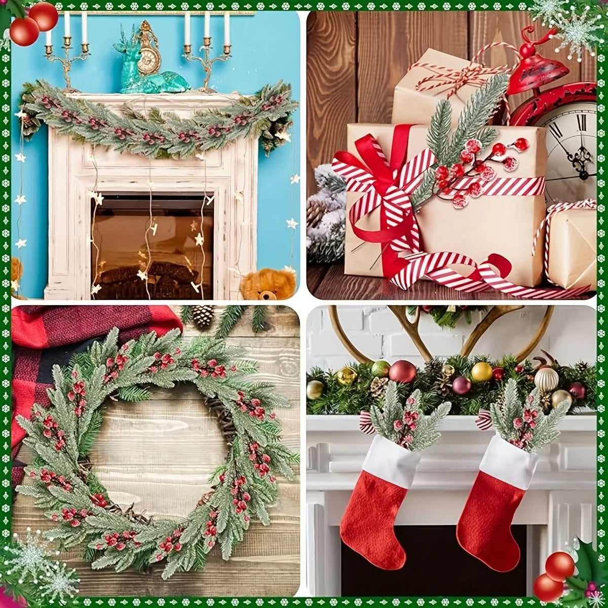 Snow White Artificial Pine Needle Berry Bouquet Christmas Decoration for Xmas Tree Garland Ornament Home Decor New Year DIY Gift