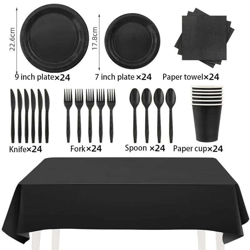 Disposable Tableware Solid Black Theme Birthday Party Paper Napkins Cups Plates Tablecloths Knife Fork Spoon Party Decorations