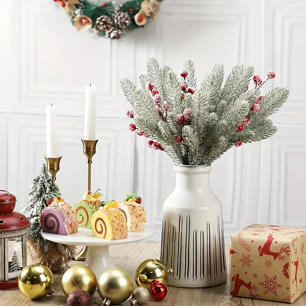 Snow White Artificial Pine Needle Berry Bouquet Christmas Decoration for Xmas Tree Garland Ornament Home Decor New Year DIY Gift