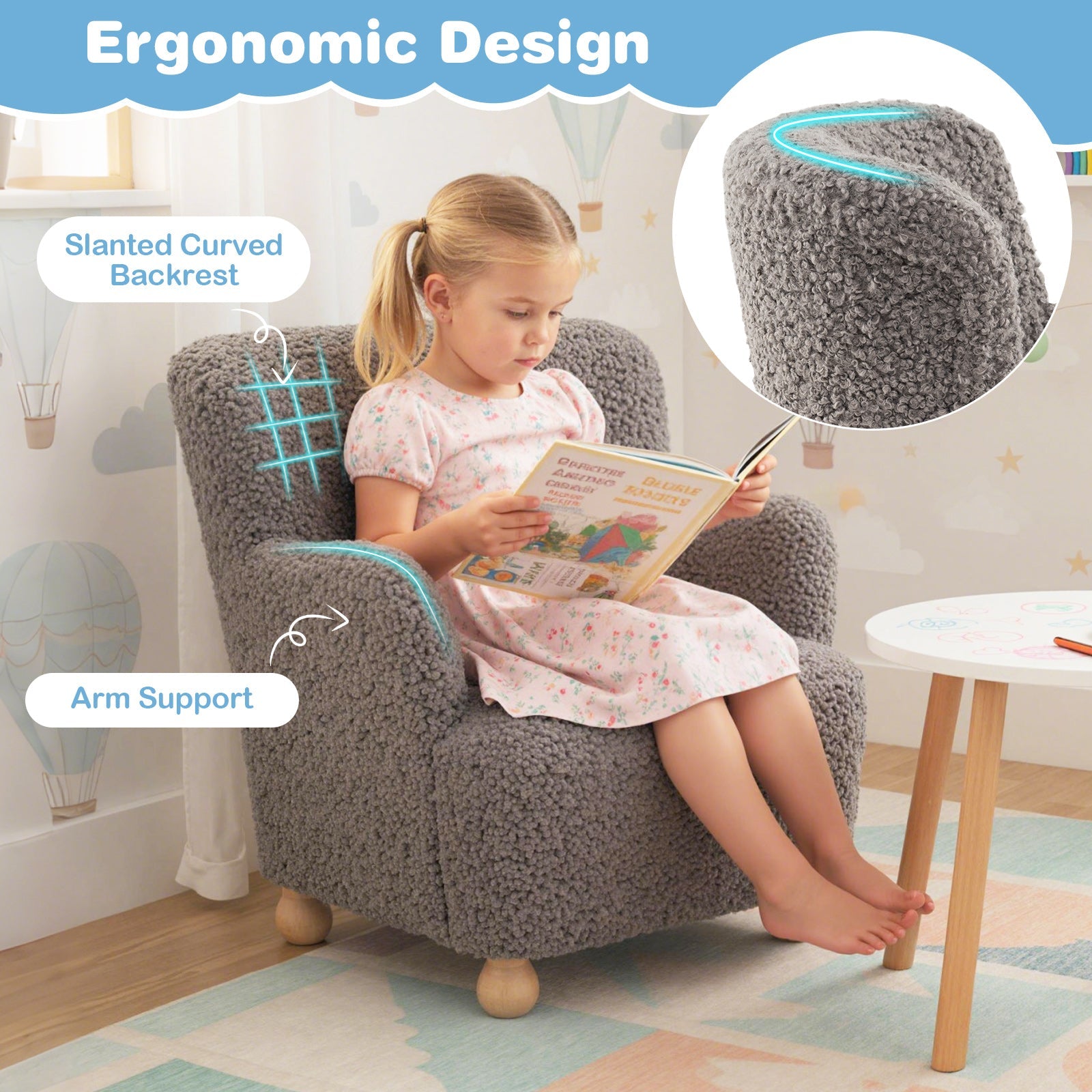 Sherpa Kids Sofa Comfy Toddler Armchair with Solid Rubber Wood Legs