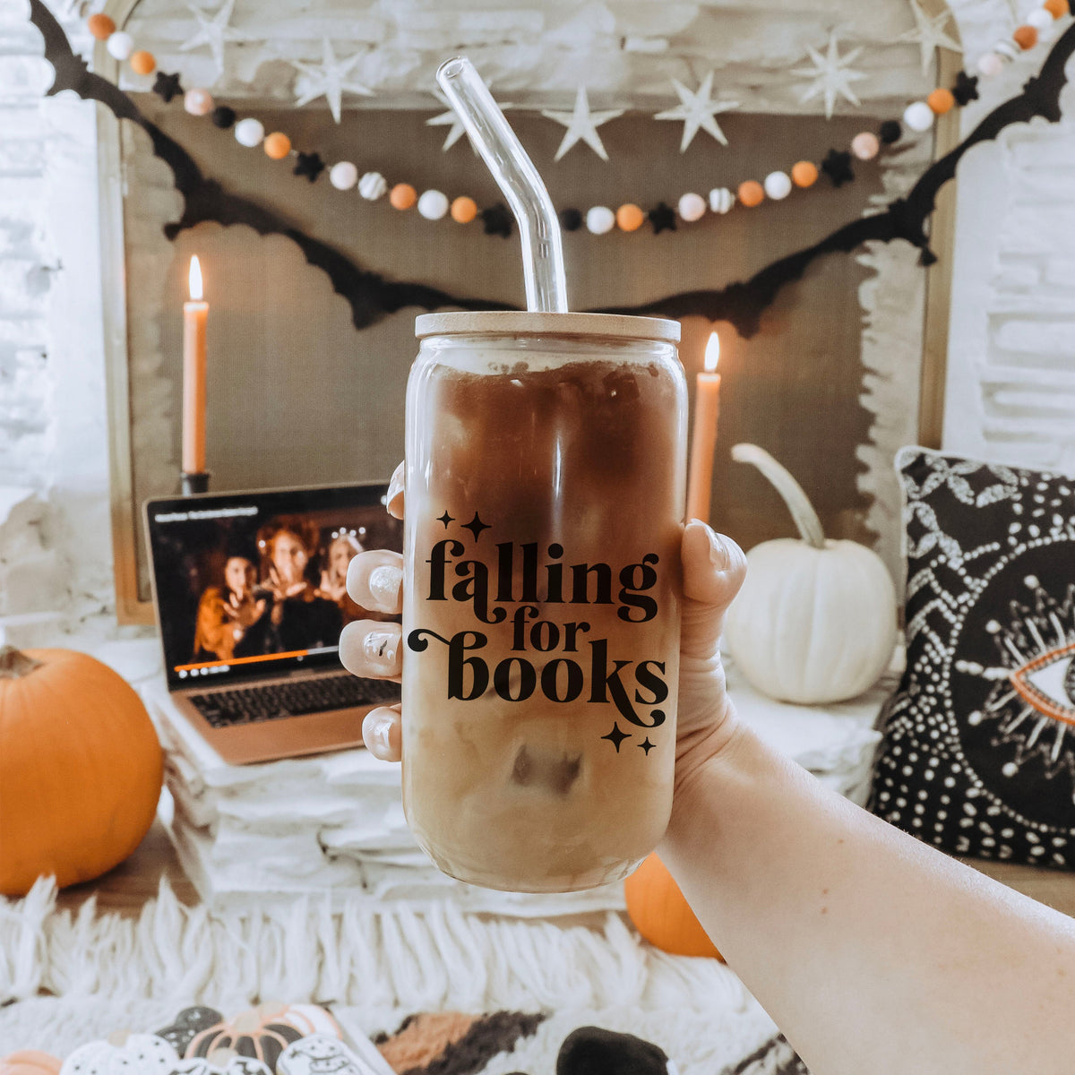 Falling For Books Clear Glass Cup with Bamboo Lid & Straw