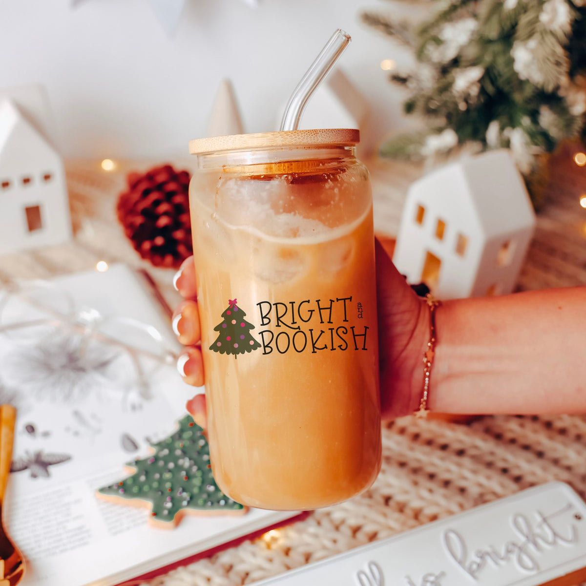 Bright and Bookish Frosted Glass Cup with Bamboo Lid & Straw