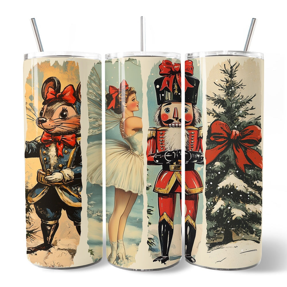 Coquette Ballet and Nutcracker 20oz Personalized Tumbler With Lid and Stainless Steel Straw, Christmas Bow and Mouse Vintage Gift Cup