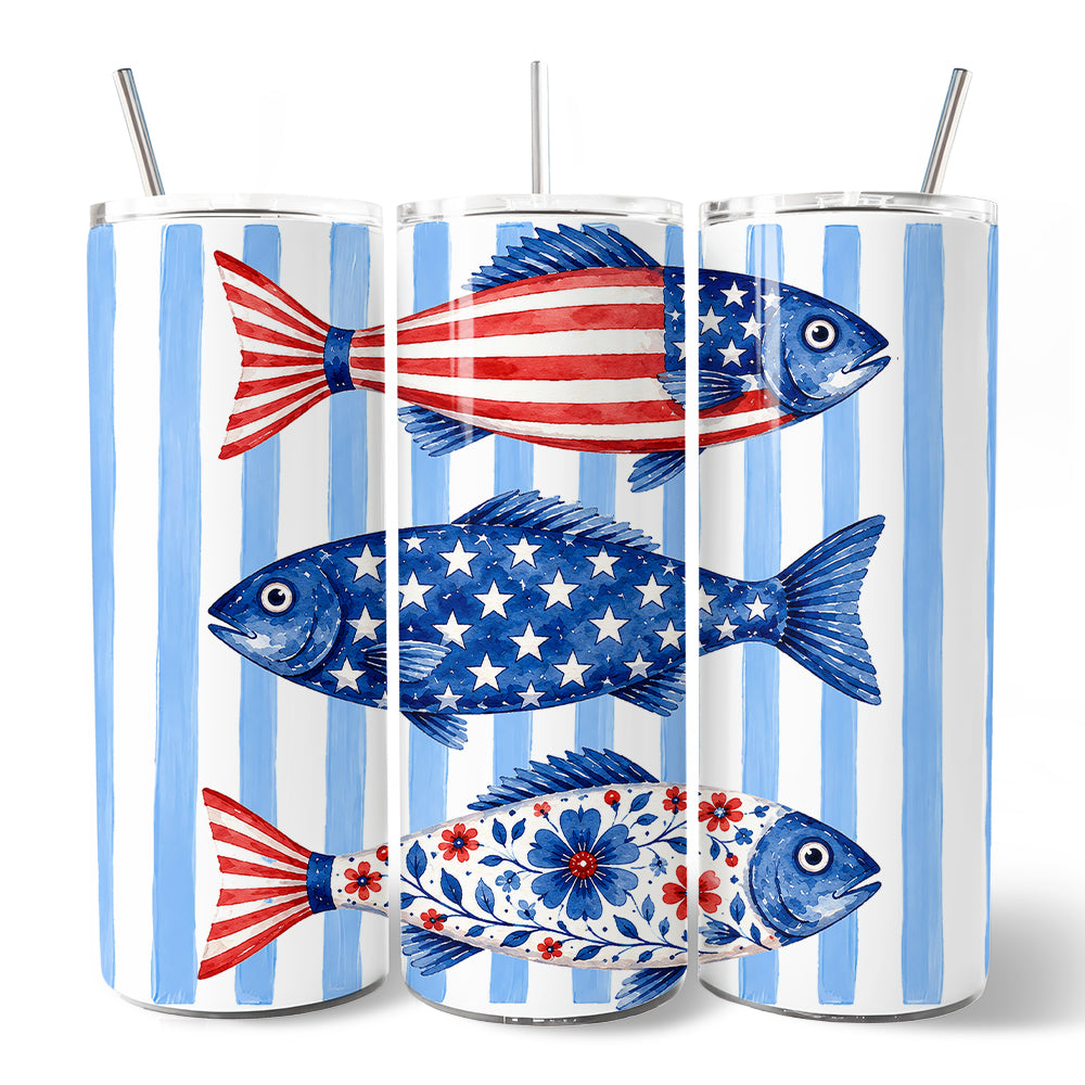 Patriotic Fish Stripe 20oz Personalized Tumbler With Lid and Stainless Steel Straw, 4th of July Angler Gift Cup