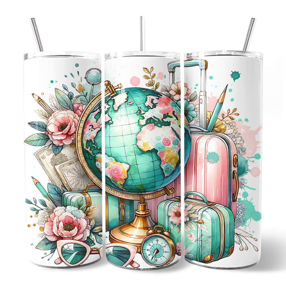 Pink and Teal Wanderlust Girl 20oz Personalized Tumbler With Lid and Stainless Steel Straw, Floral Traveler Adventurer Gift Cup