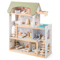 Wooden Dollhouse Kids DIY Pretend Playhouse with 33 PCS Furniture Accessories-Green