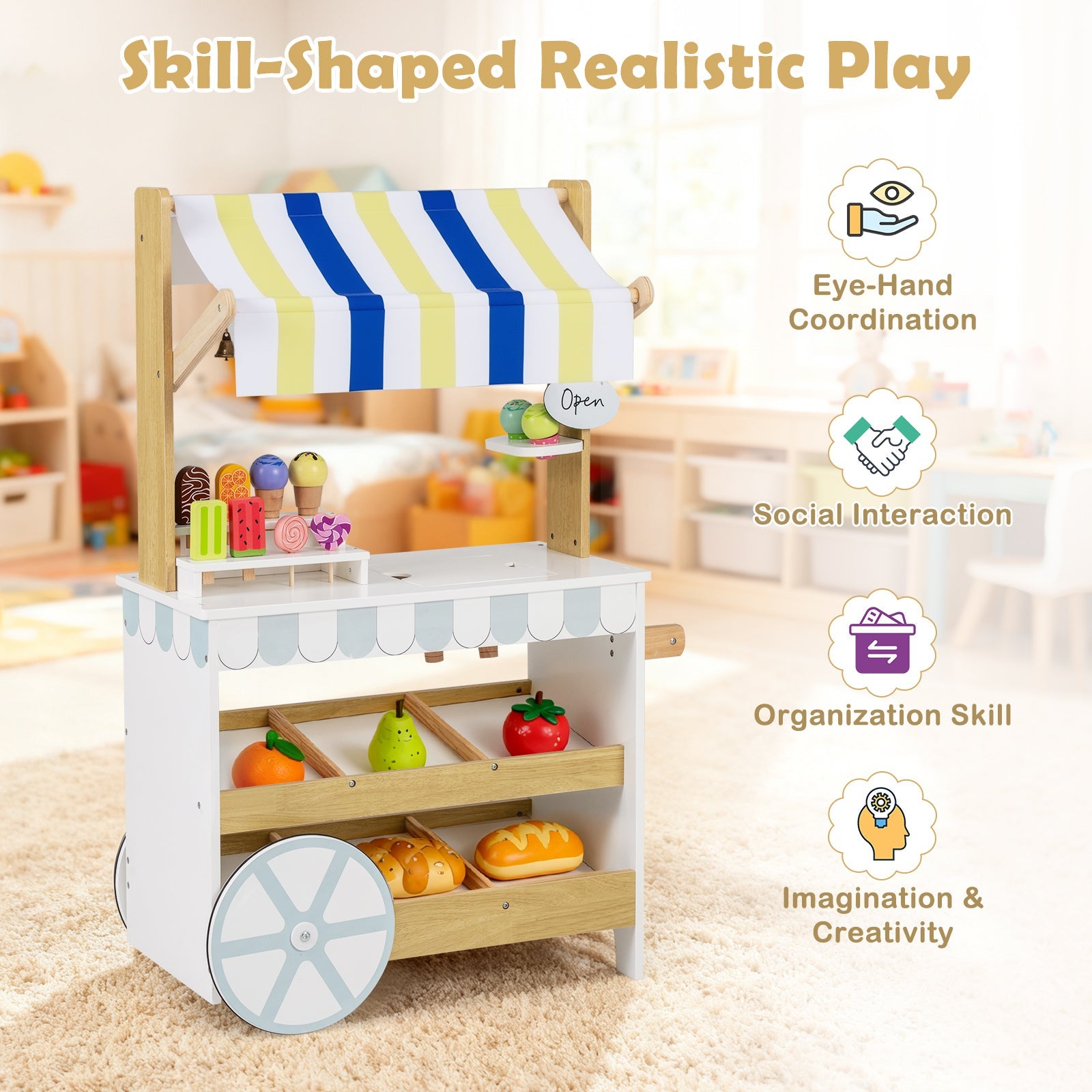 Wooden Ice Cream Cart for Kids 2-in-1 Grocery Store Playset with Display Shelves-White