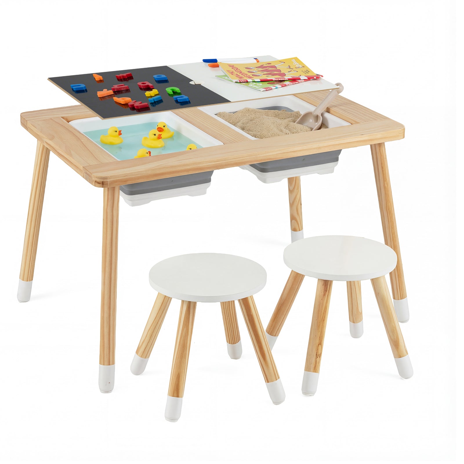 Wooden Kids Activity Table Set with Double-Sided Boards-Natural