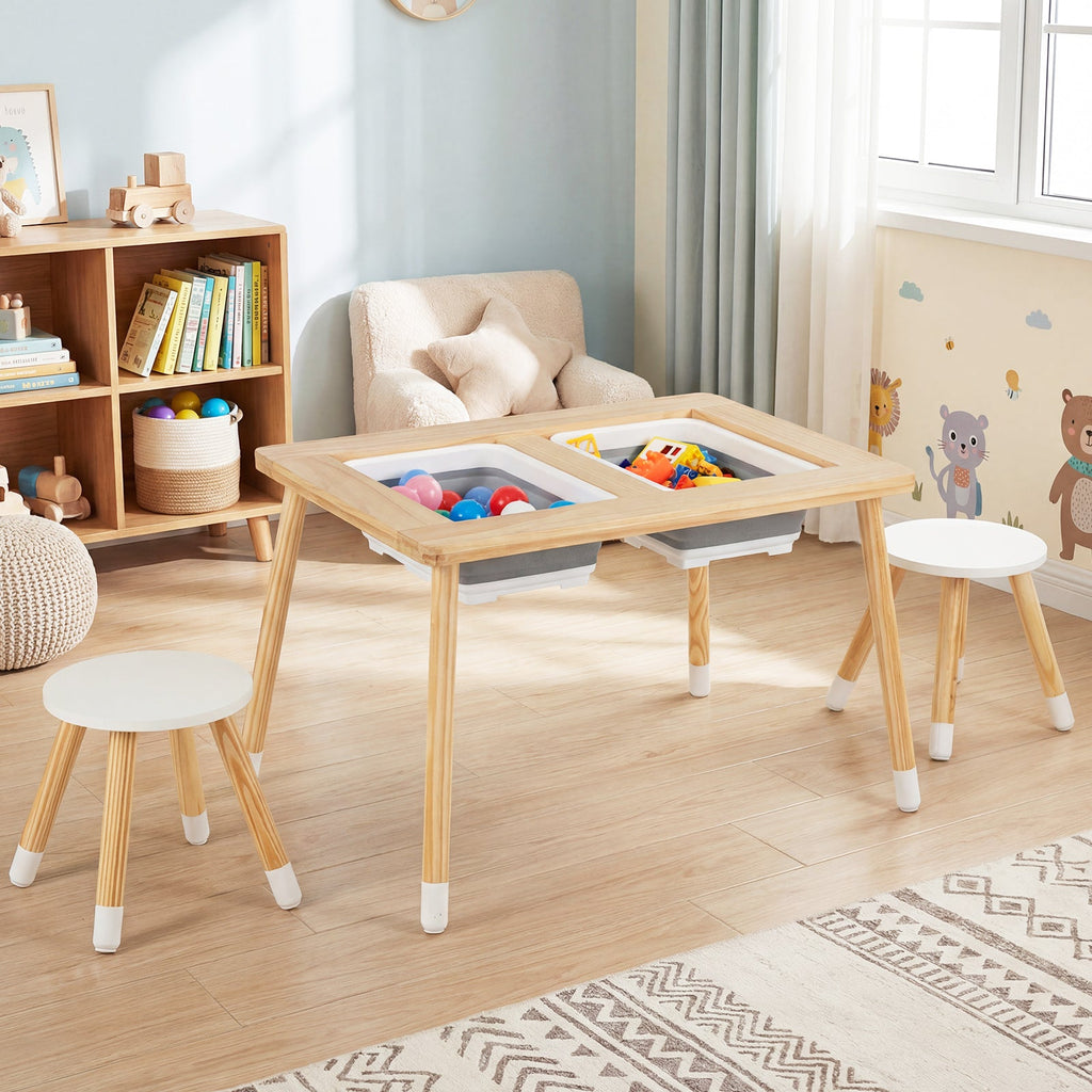 Wooden Kids Activity Table Set with Double-Sided Boards-Natural