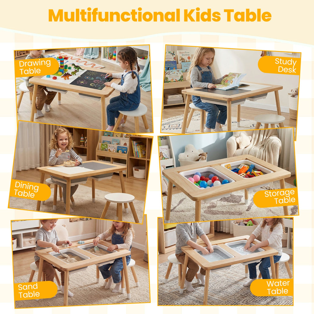Wooden Kids Activity Table Set with Double-Sided Boards-Natural