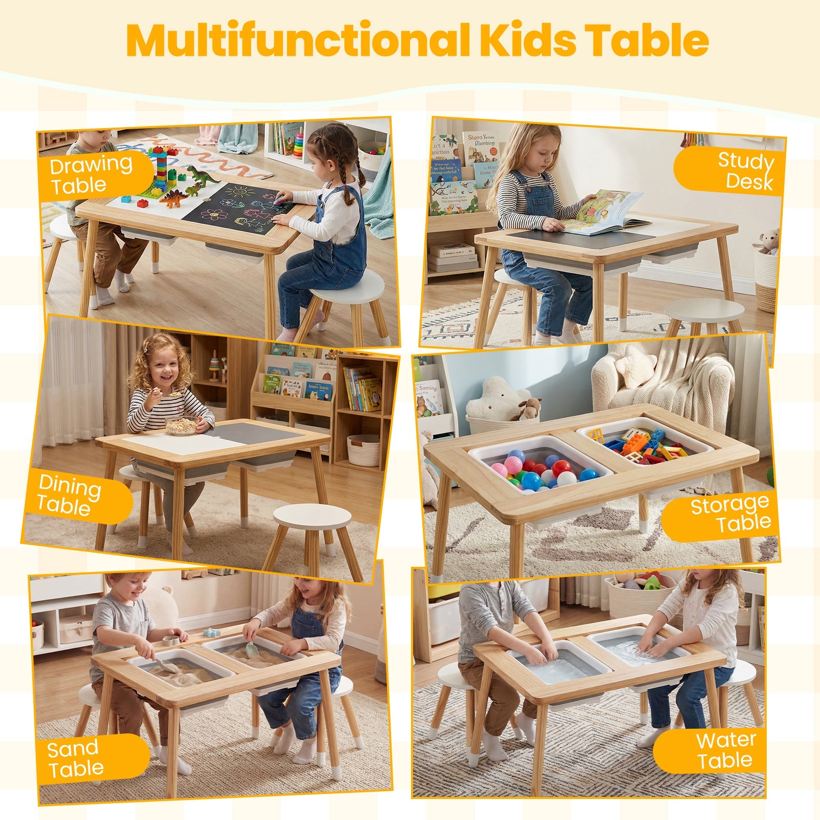 Wooden Kids Activity Table Set with Double-Sided Boards-Natural