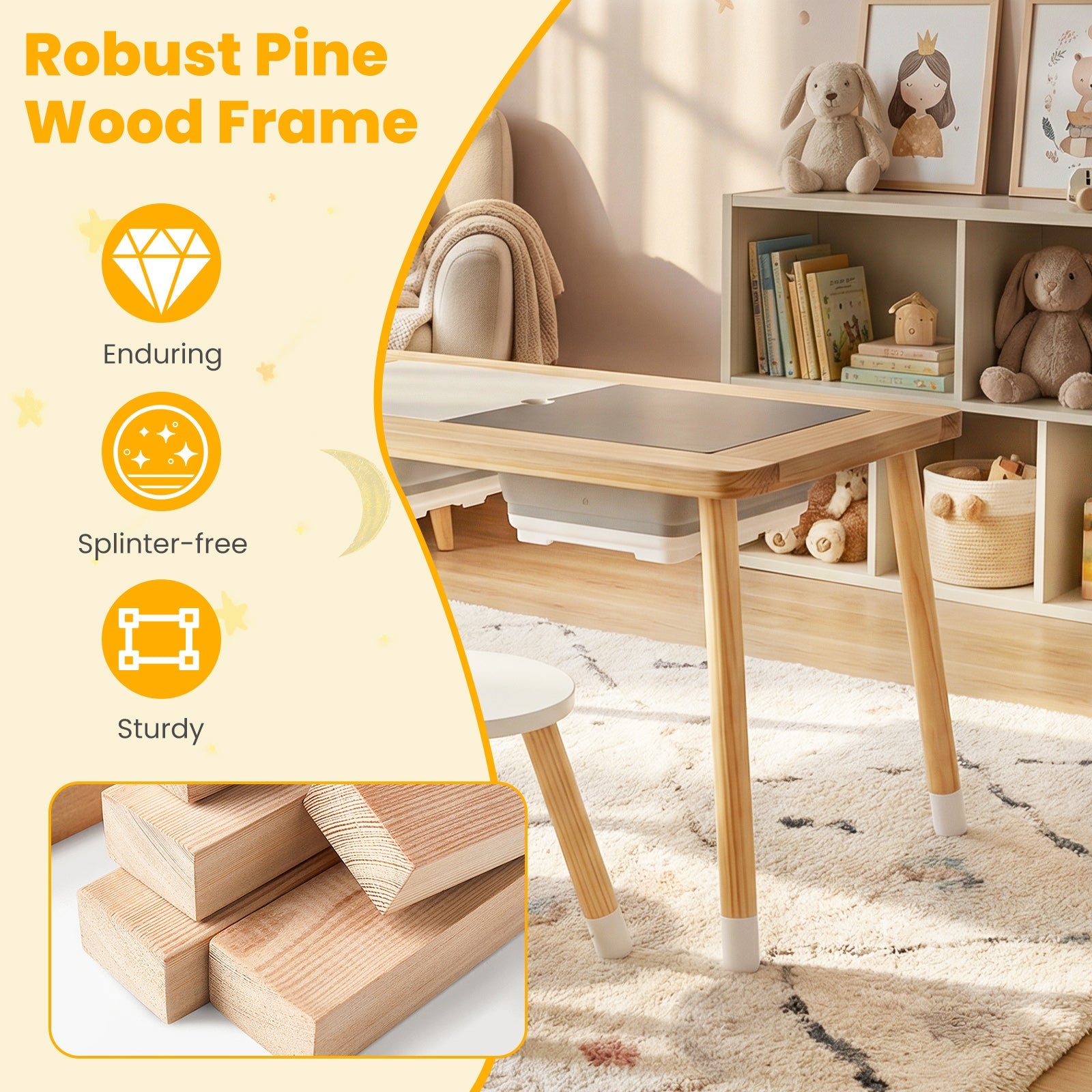 Wooden Kids Activity Table Set with Double-Sided Boards-Natural
