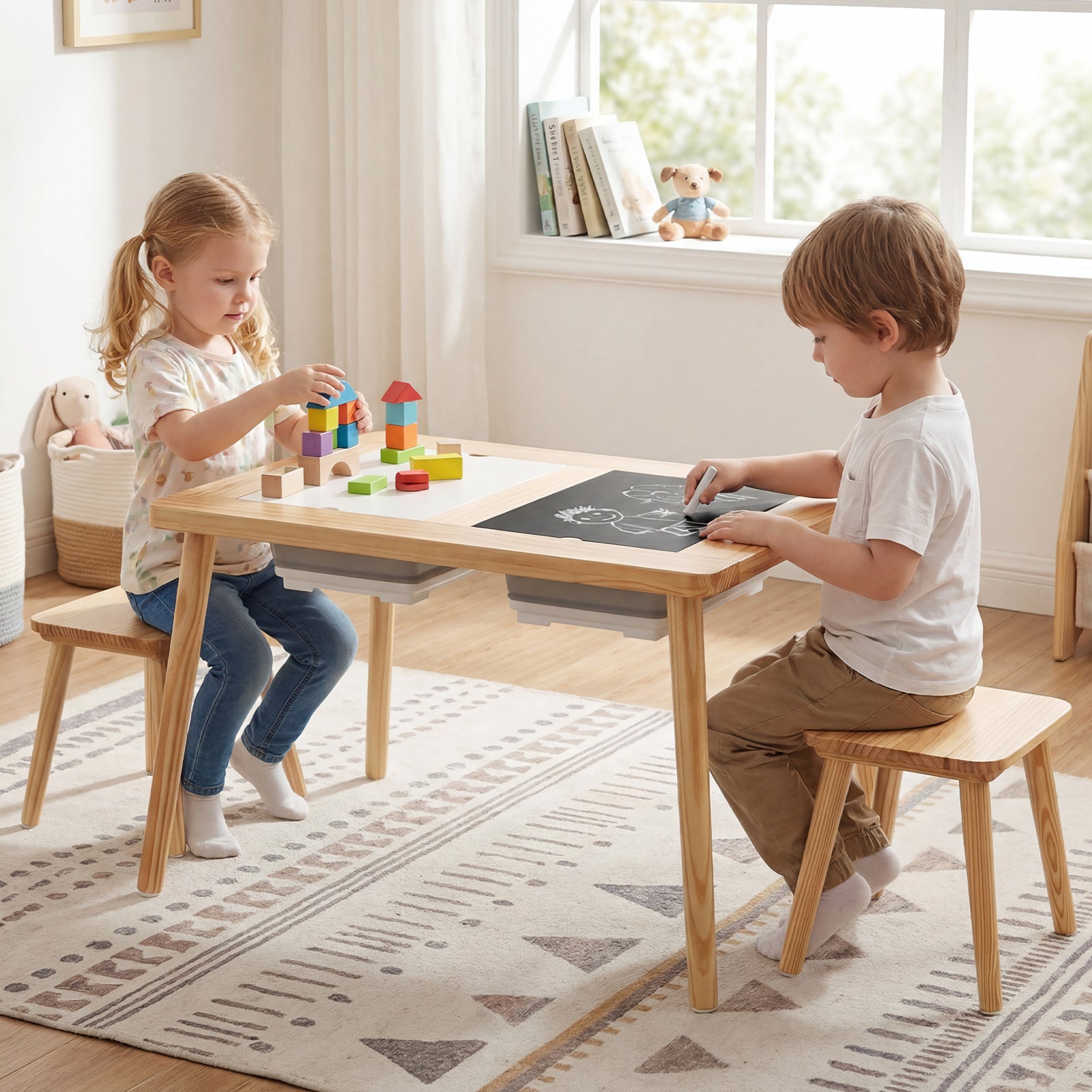Wooden Kids Activity Table Set with 2 Foldable Storage Bins-Natural