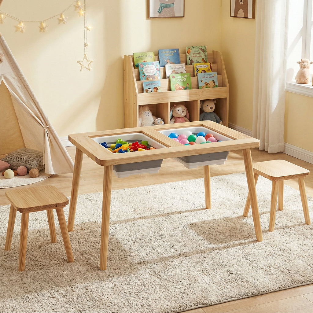 Wooden Kids Activity Table Set with 2 Foldable Storage Bins-Natural