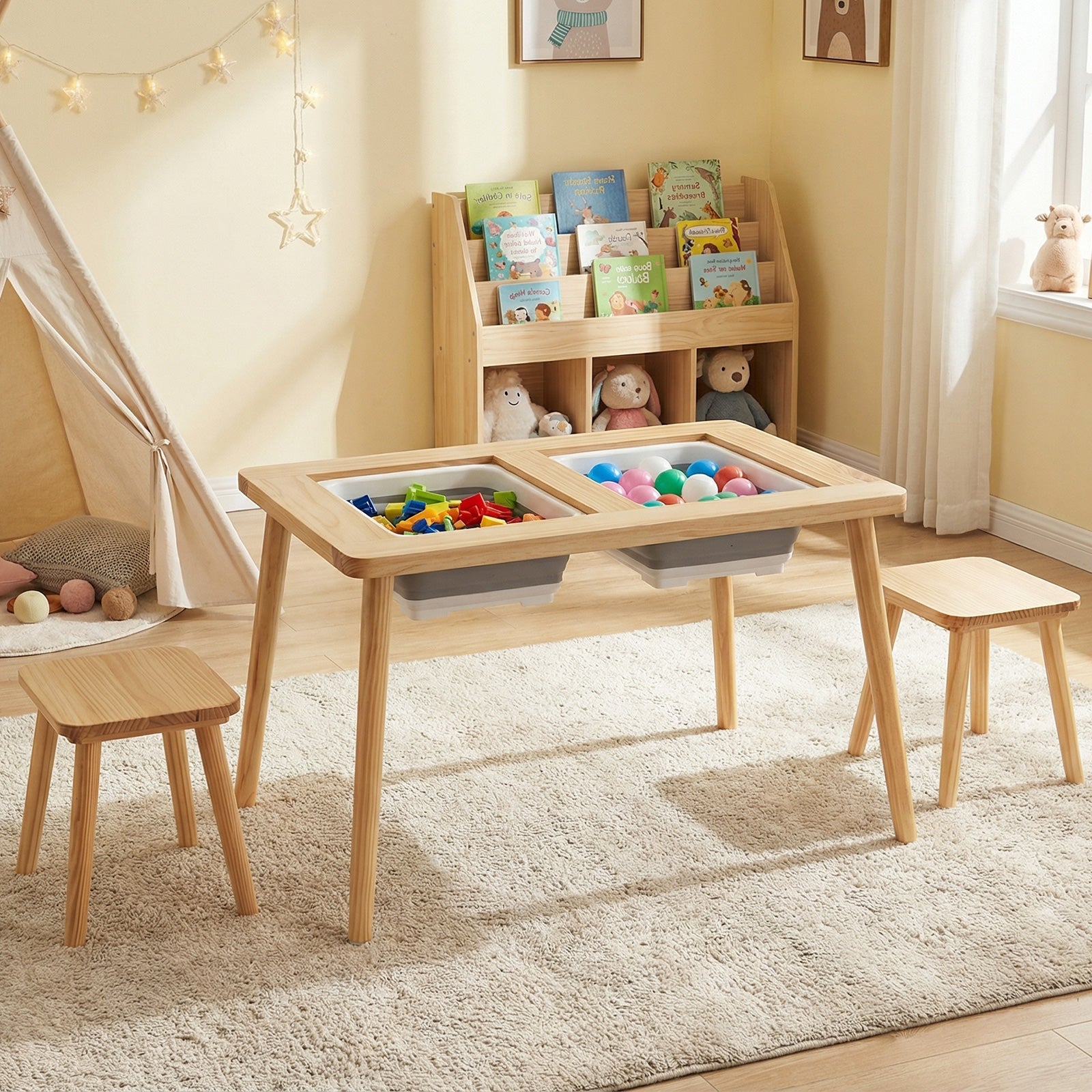 Wooden Kids Activity Table Set with 2 Foldable Storage Bins-Natural