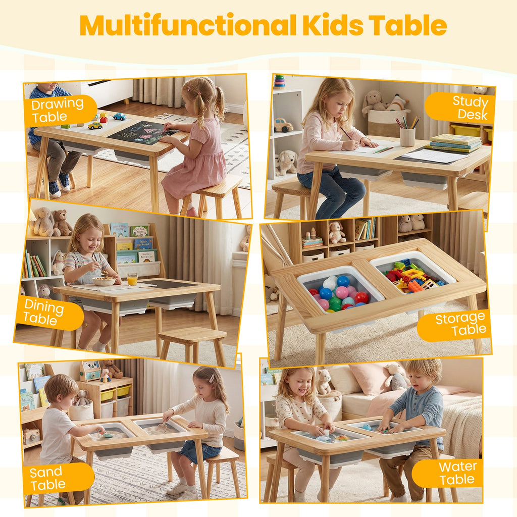 Wooden Kids Activity Table Set with 2 Foldable Storage Bins-Natural
