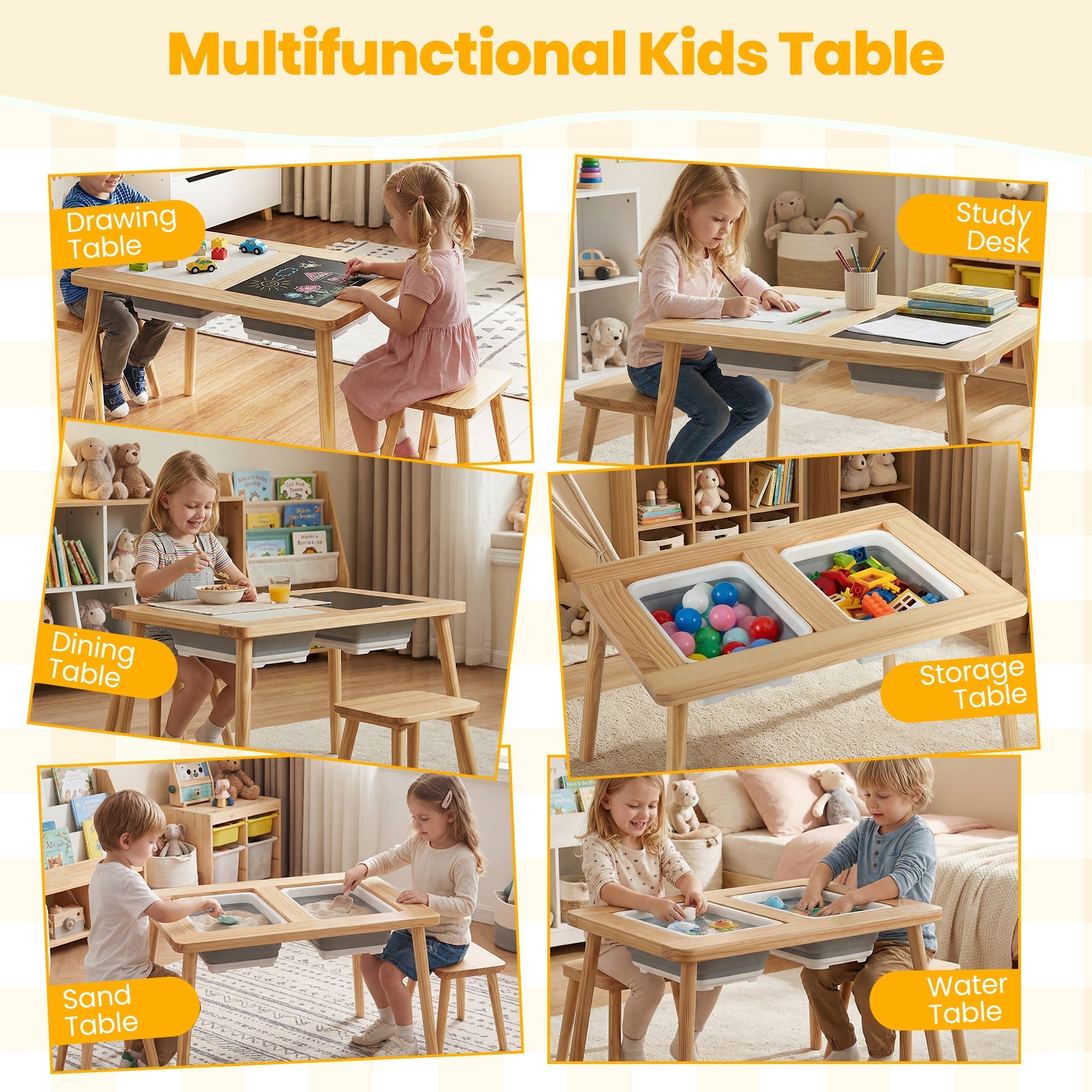 Wooden Kids Activity Table Set with 2 Foldable Storage Bins-Natural