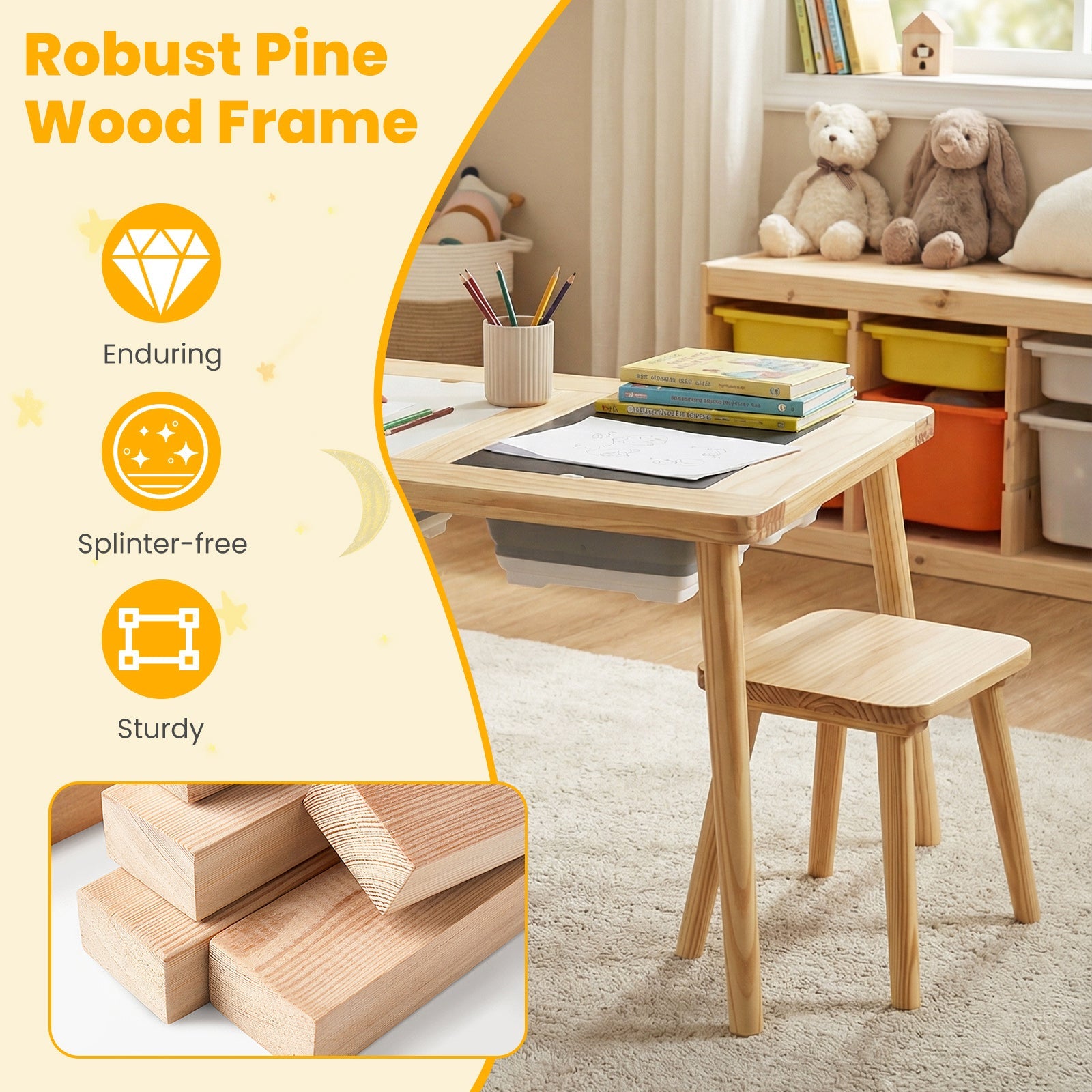 Wooden Kids Activity Table Set with 2 Foldable Storage Bins-Natural