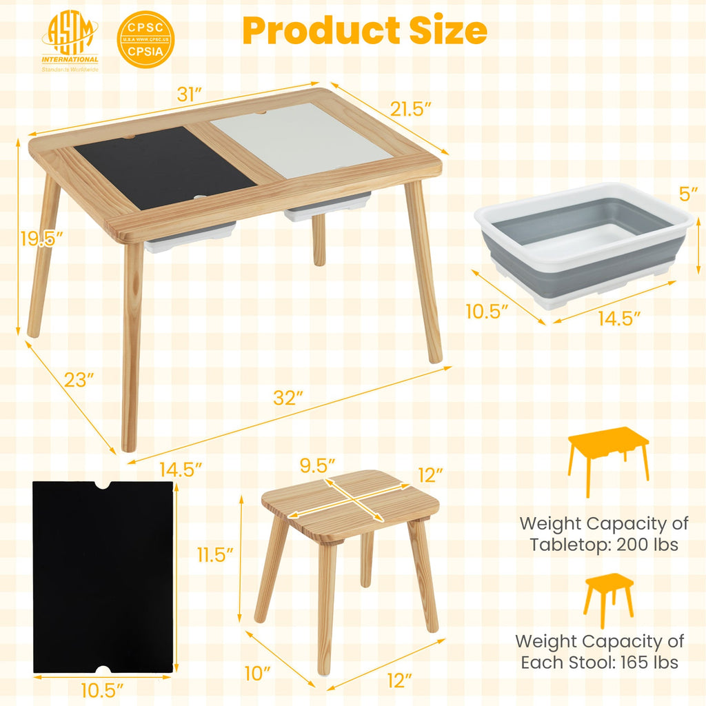 Wooden Kids Activity Table Set with 2 Foldable Storage Bins-Natural