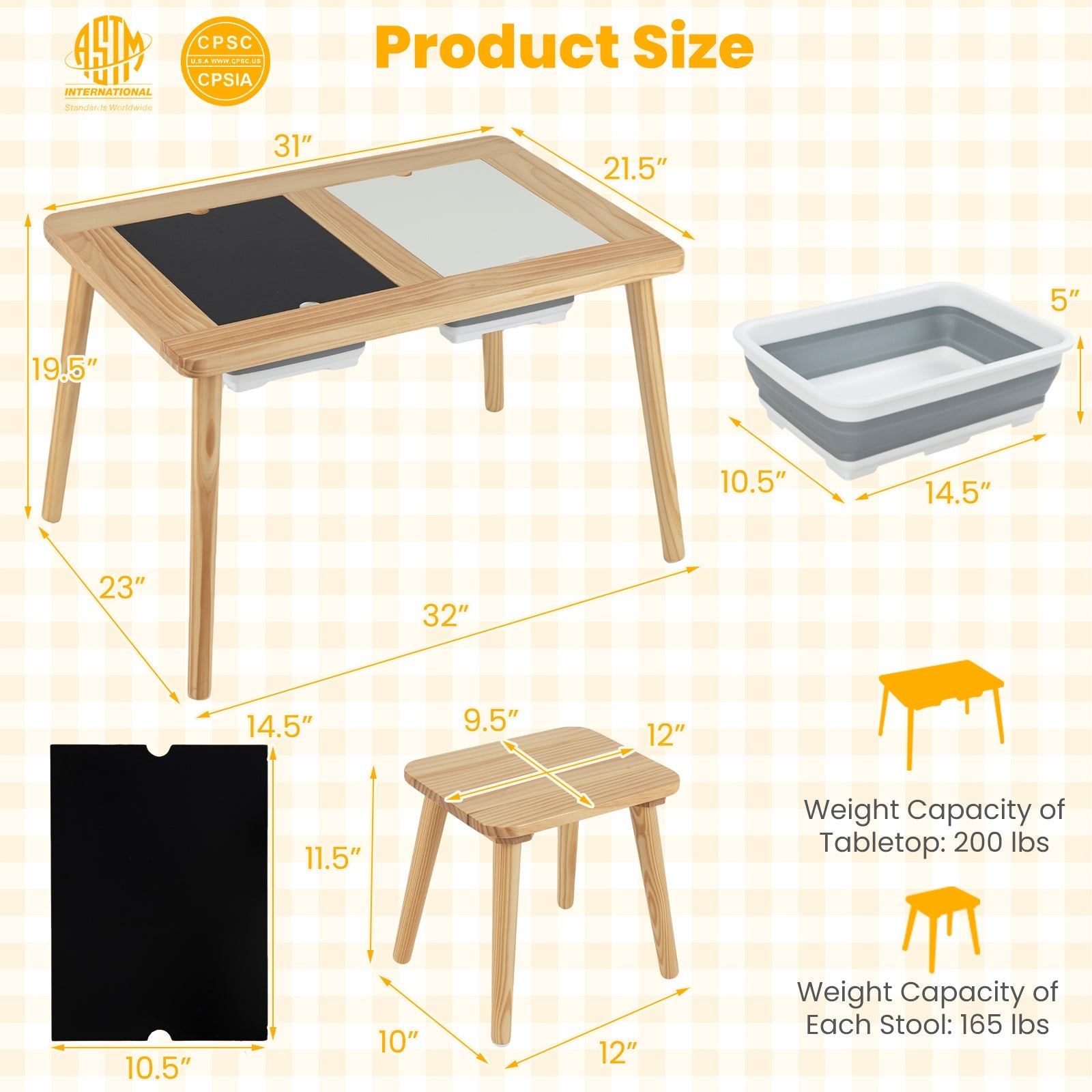 Wooden Kids Activity Table Set with 2 Foldable Storage Bins-Natural