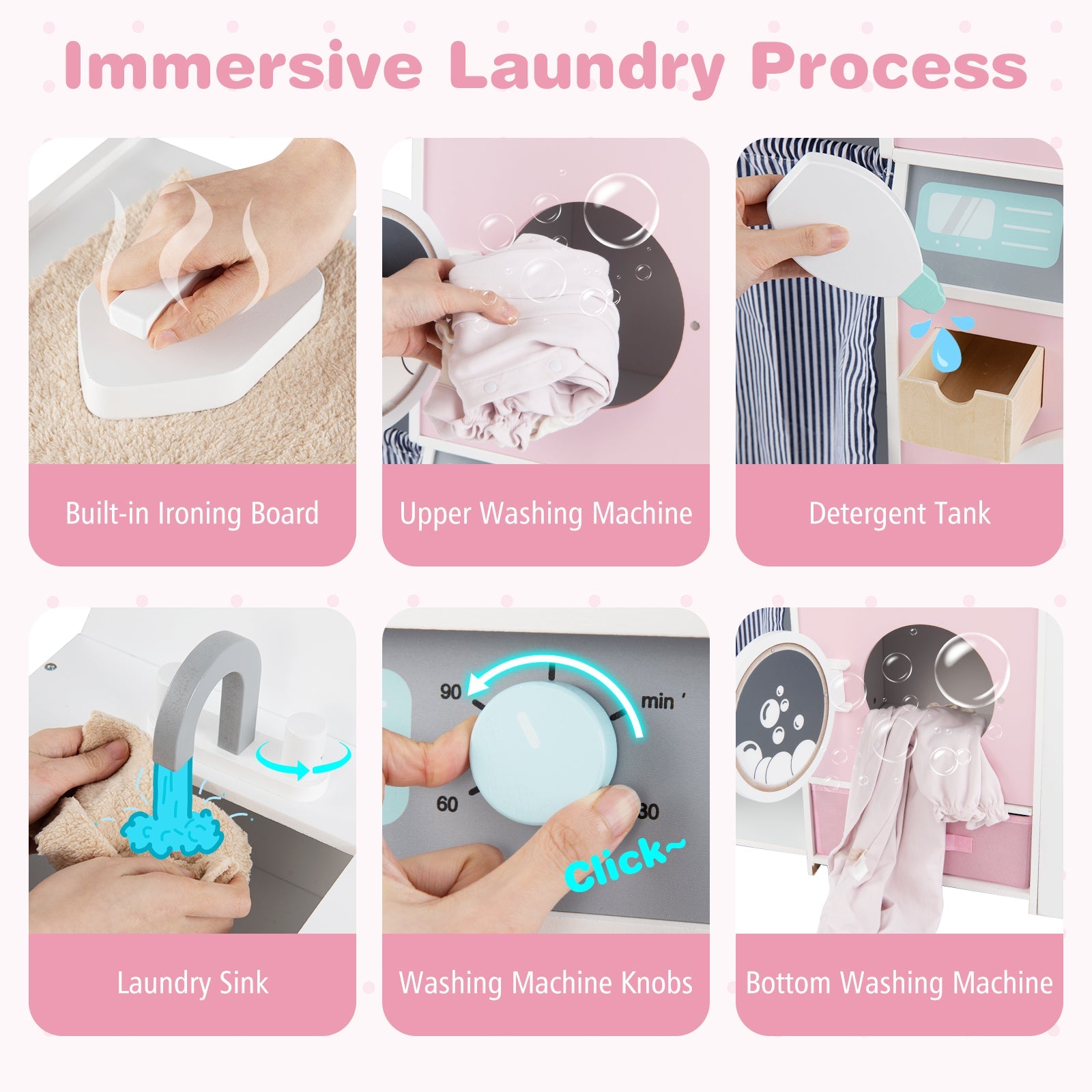 Wooden Kids Laundry Playset with Laundry Detergent Bottle and Clothes Hangers-Pink