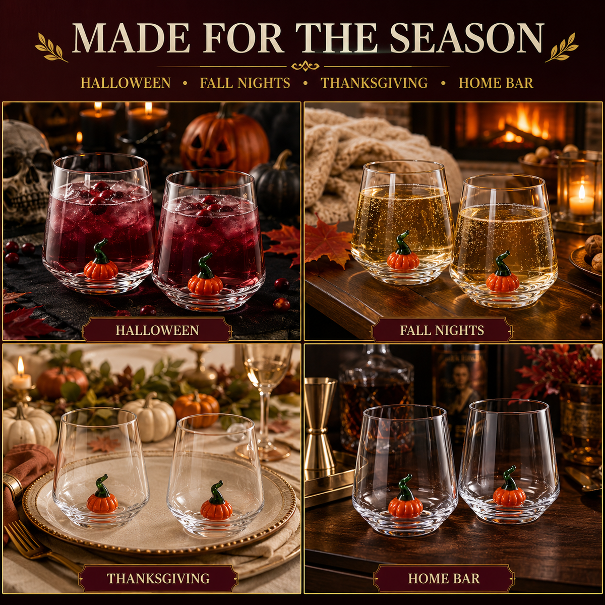 Khen Pumpkin Glass Set Fall Drinkware Decorative - 12oz Clear