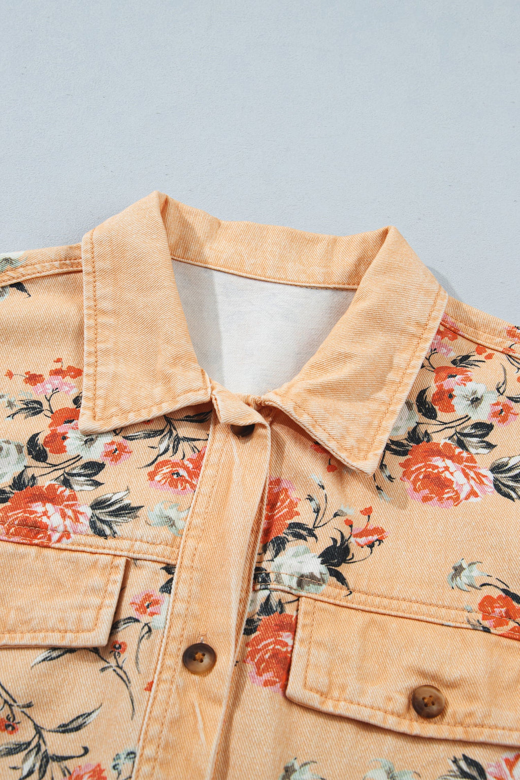Floral Denim Buttoned Long Sleeve Tunic Jacket