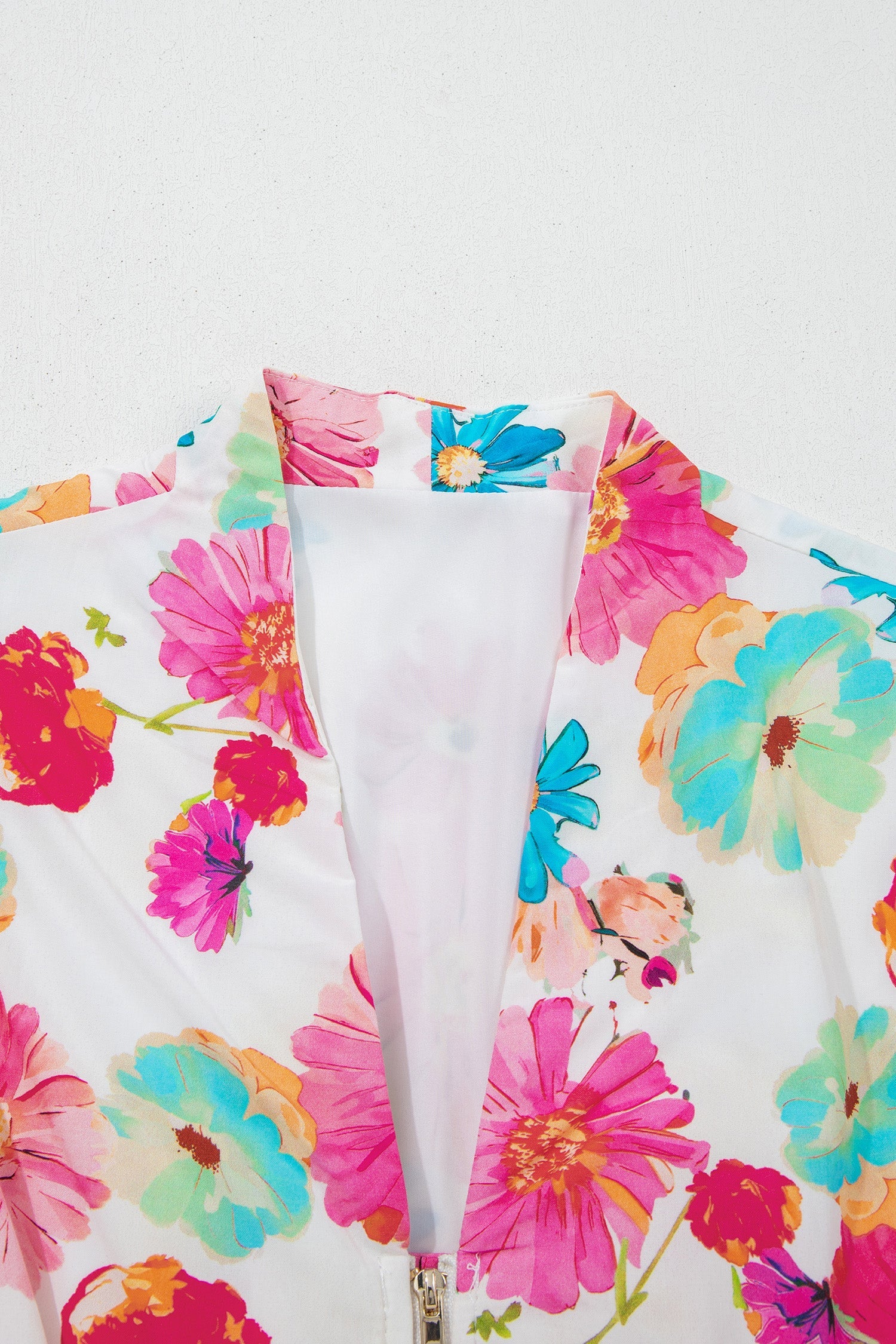 Floral Zip Up V-Neck Smocked Flared Mini Dress