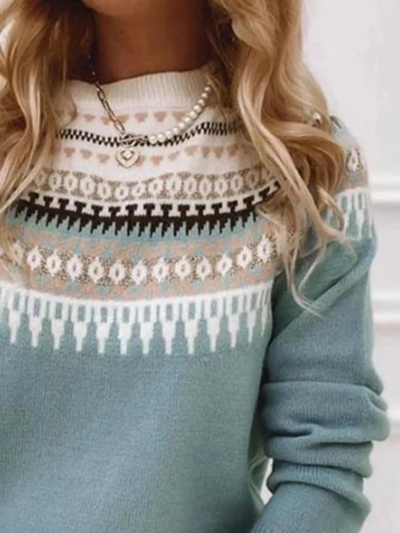 Full Size Vintage Patterned Round Neck Sweater Plus Size