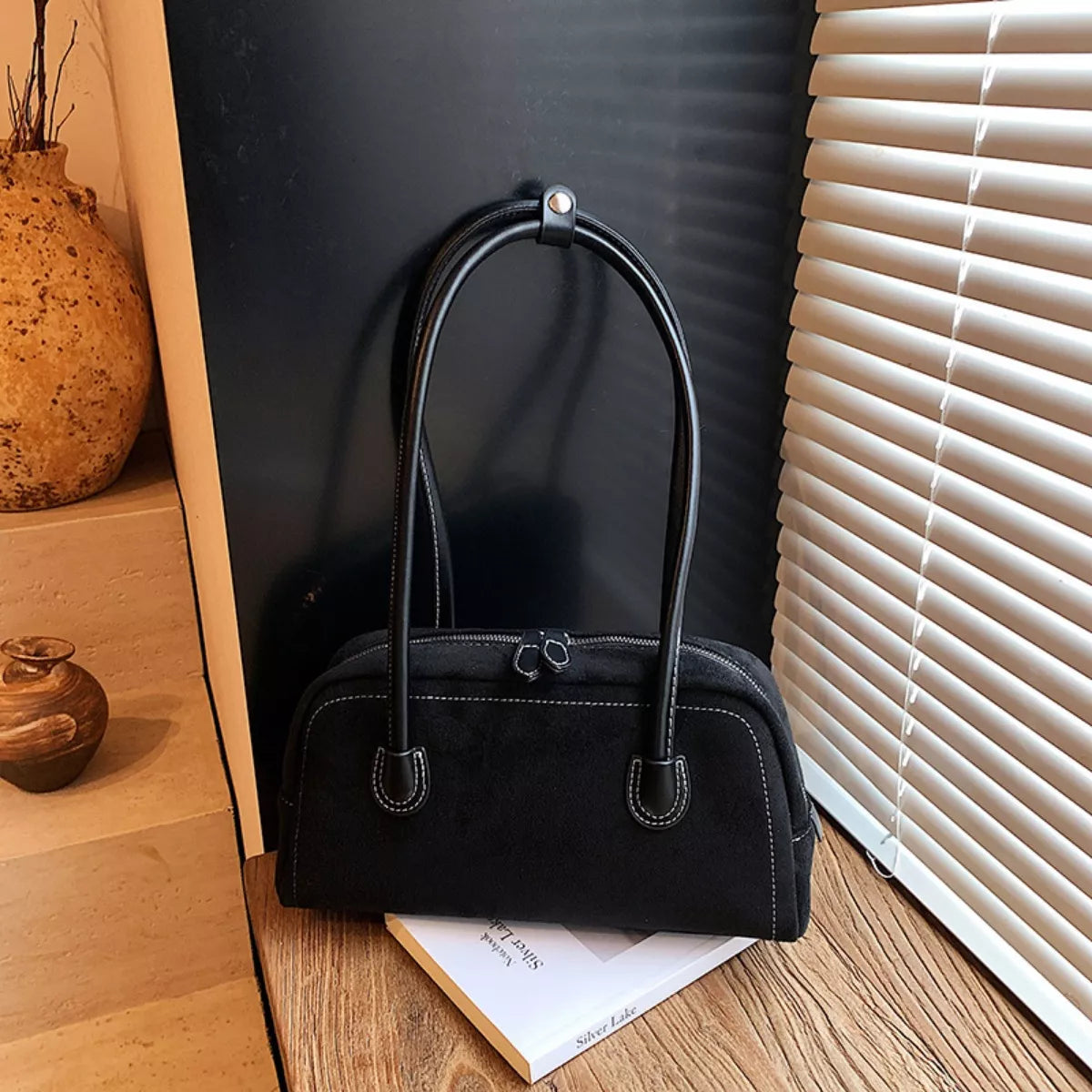 Velvet Shoulder Bag with Leather Strap