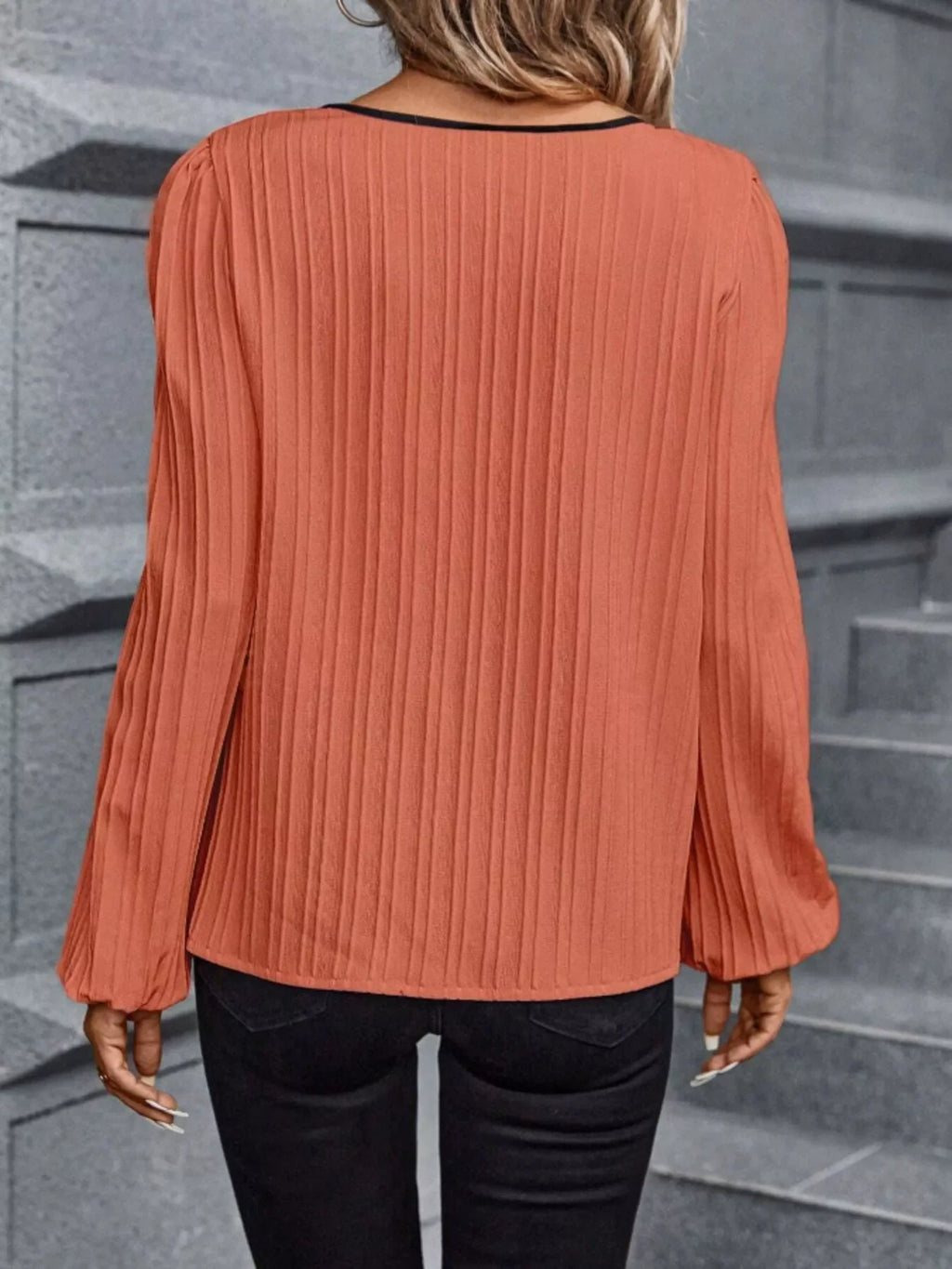 Contrast Notched Long Sleeve Blouse