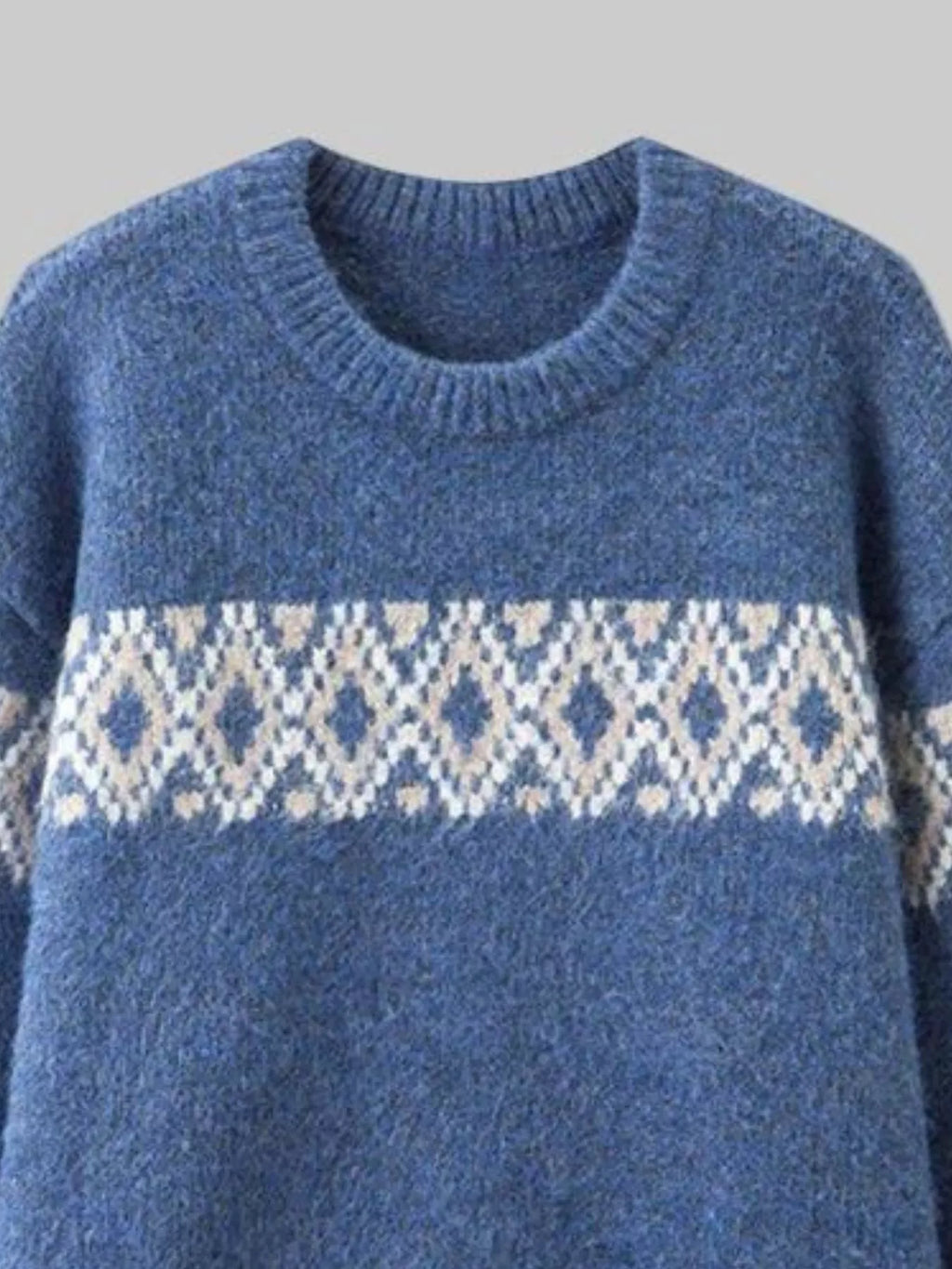 Full Size Vintage Patterned Round Neck Sweater Plus Size