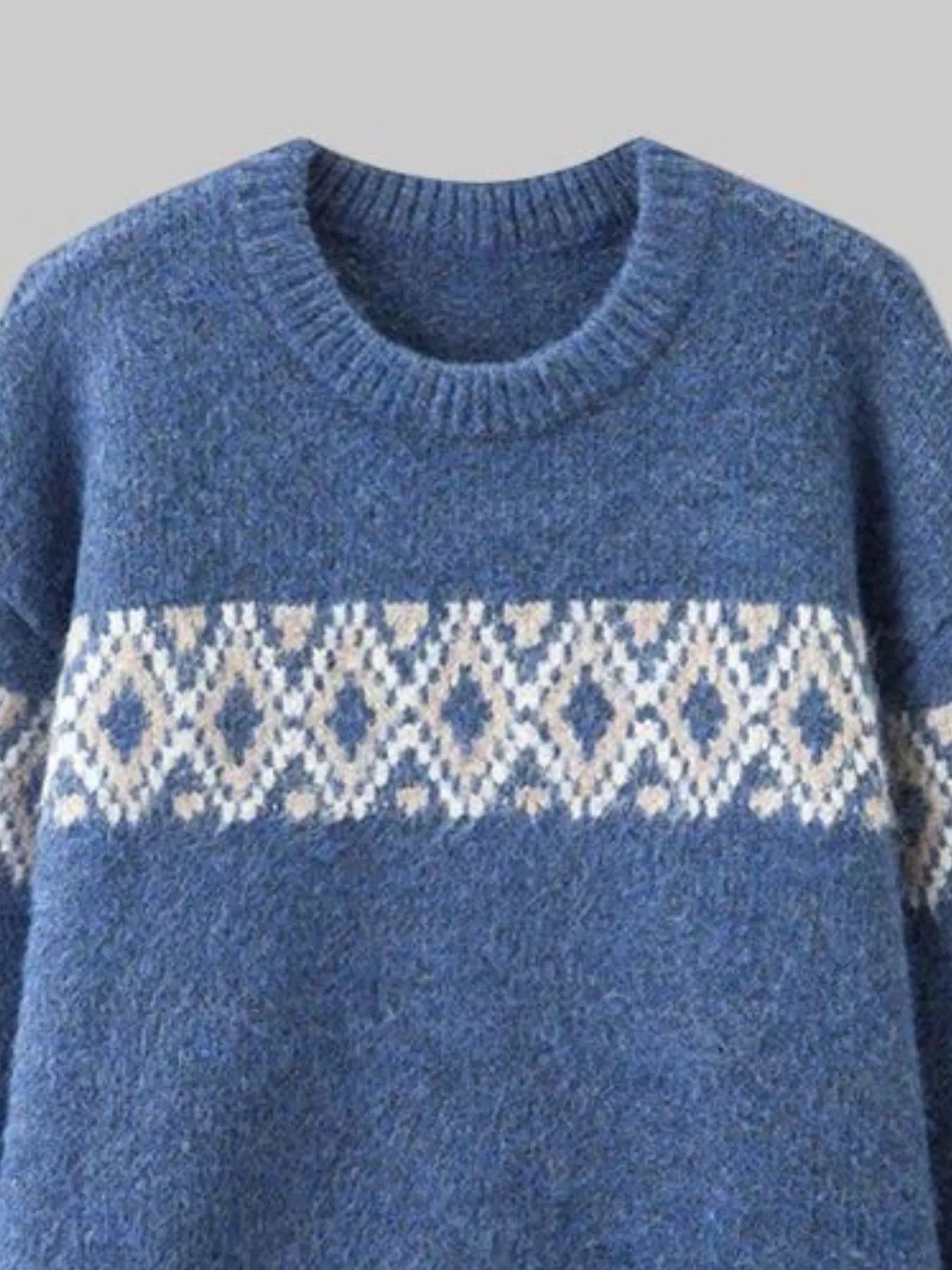 Full Size Vintage Patterned Round Neck Sweater Plus Size
