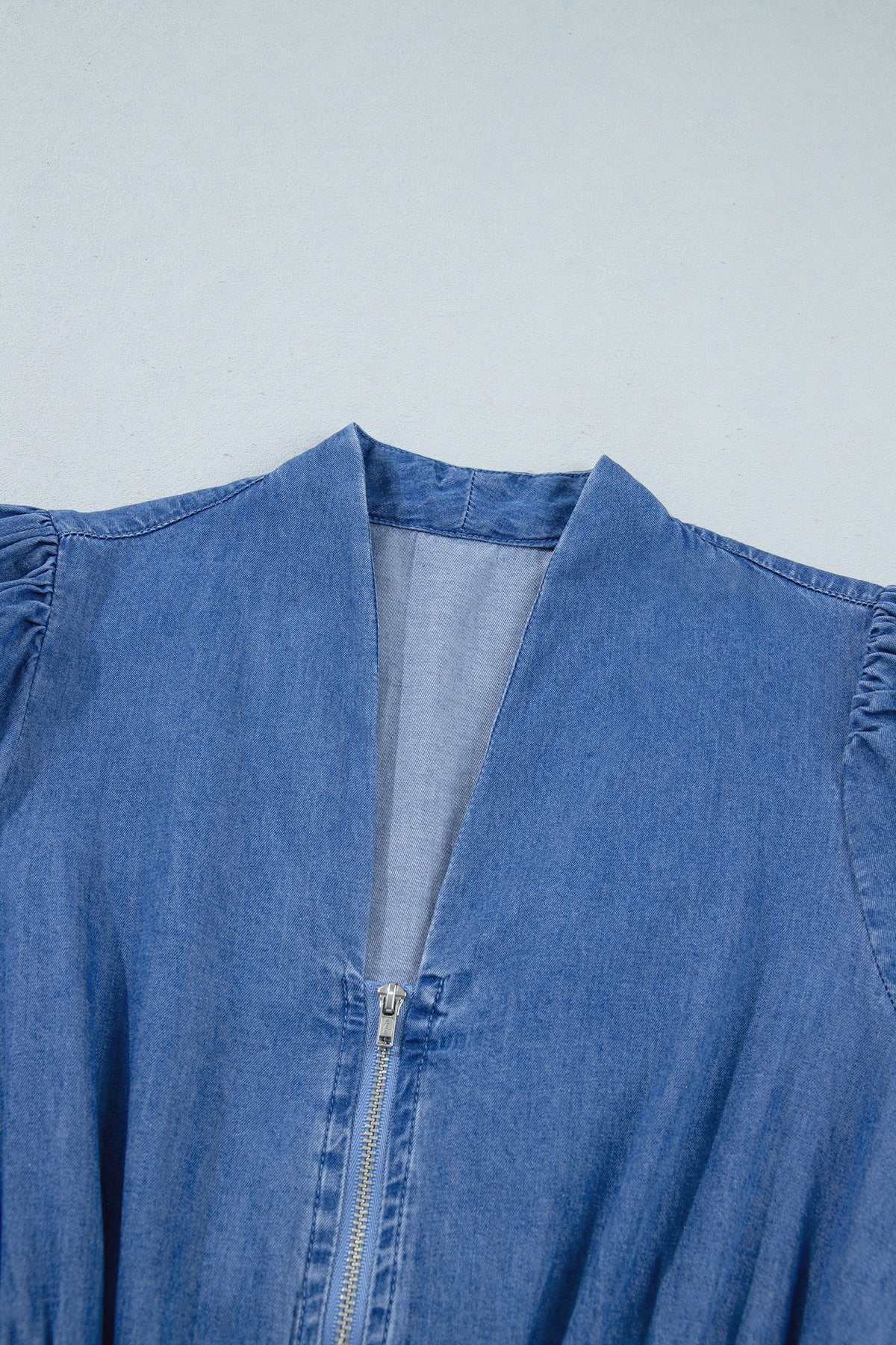 Denim Shirred Waist Zip-Up V-Neck Midi Dress