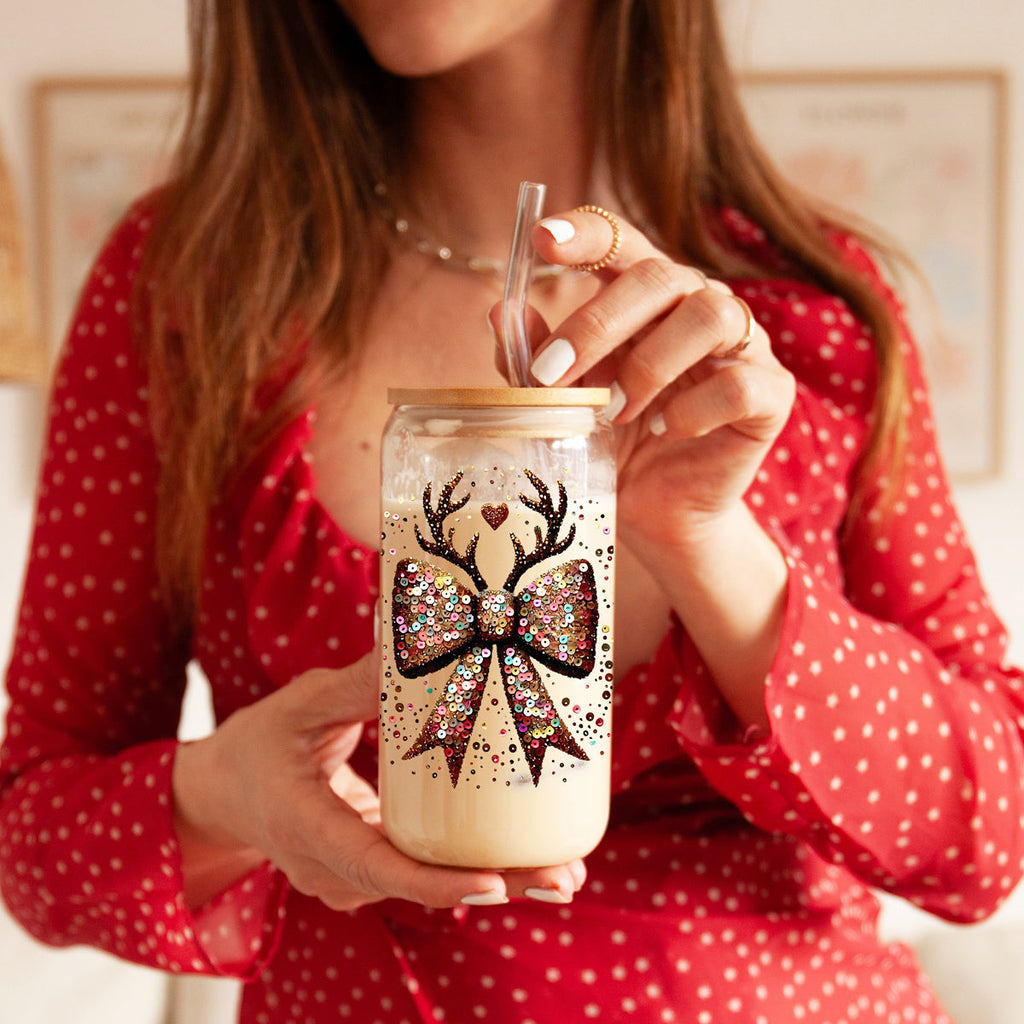 Sequin Bow Antlers 17oz Glass Cup