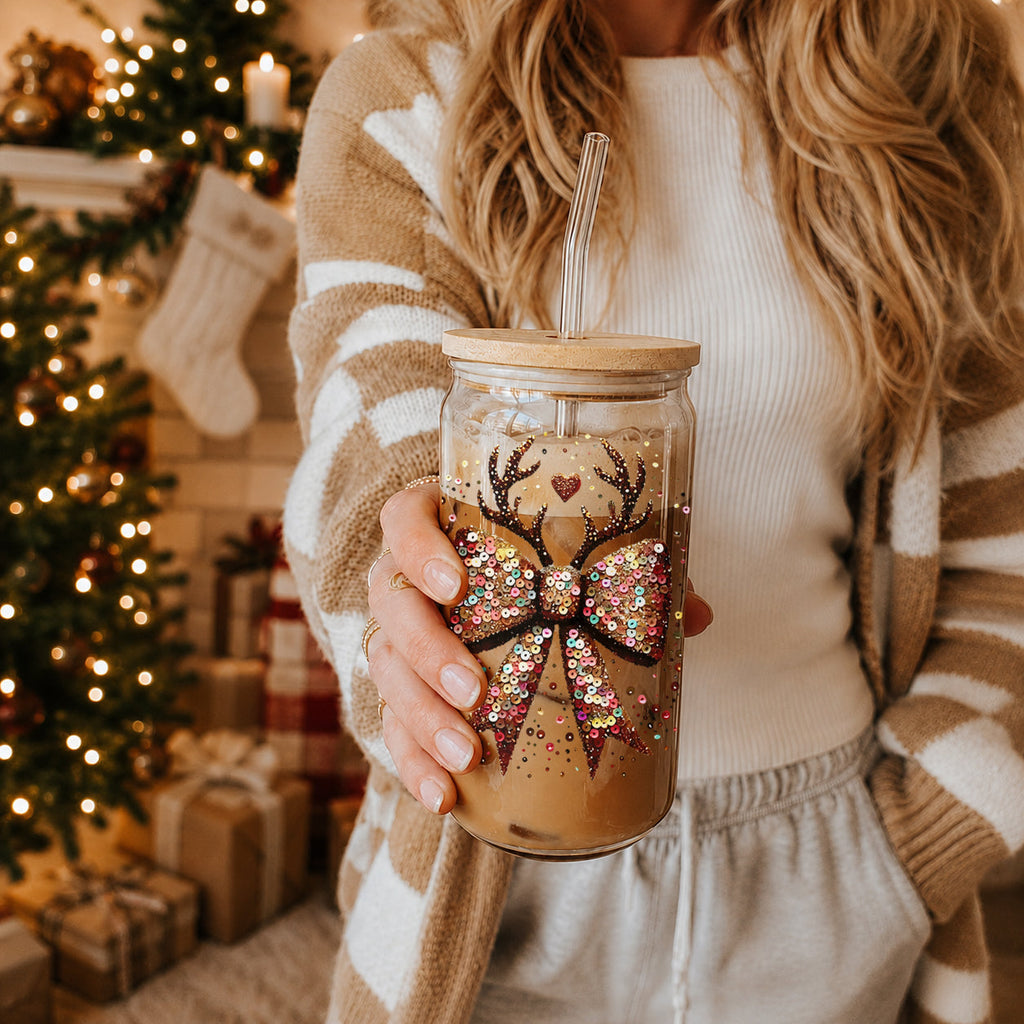 Sequin Bow Antlers 17oz Glass Cup
