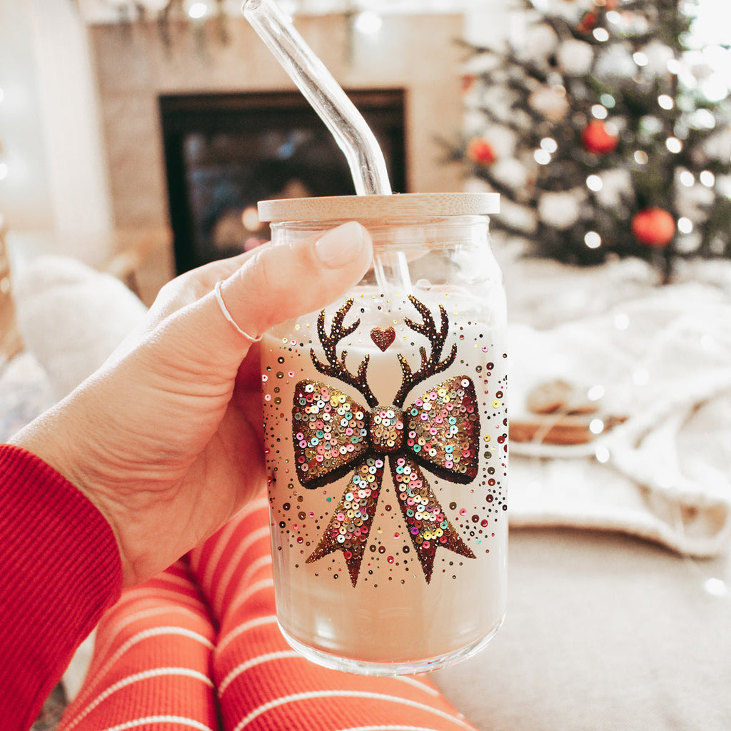 Sequin Bow Antlers 17oz Glass Cup