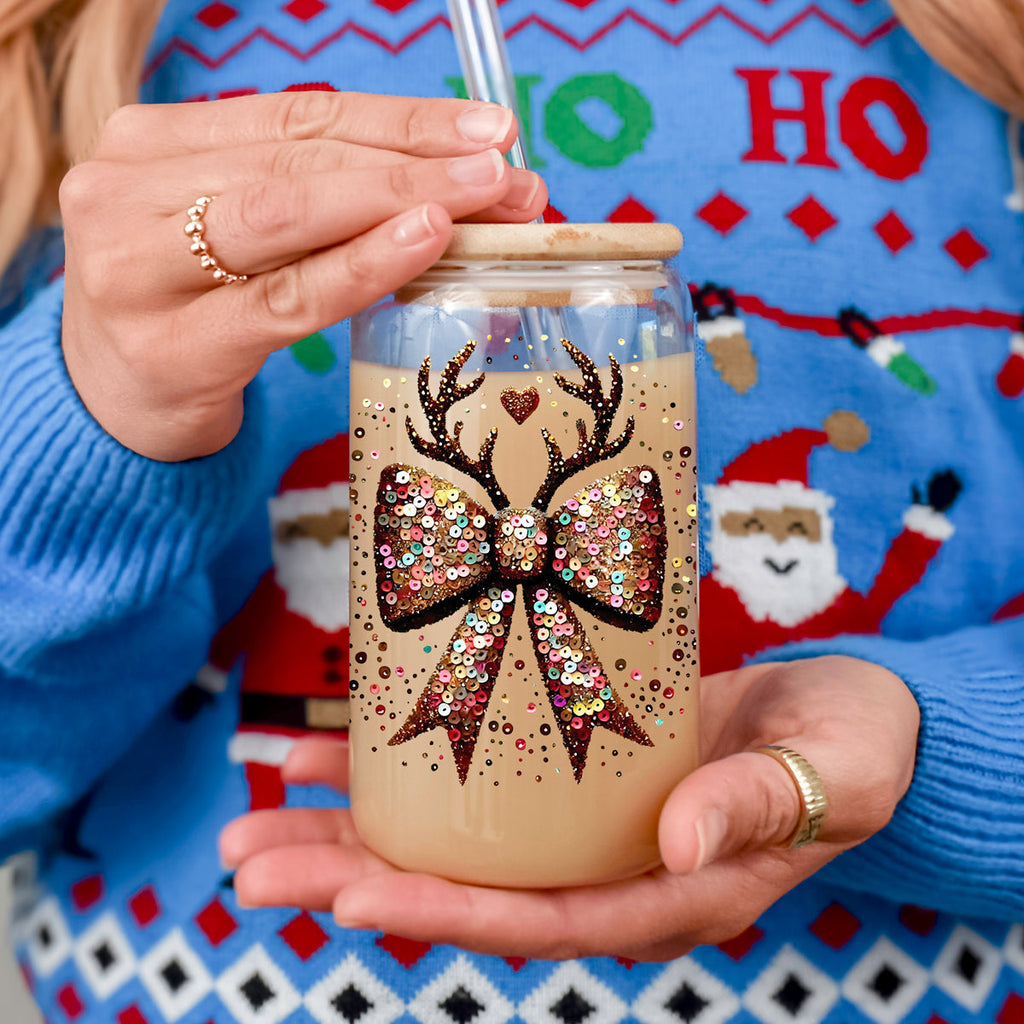 Sequin Bow Antlers 17oz Glass Cup