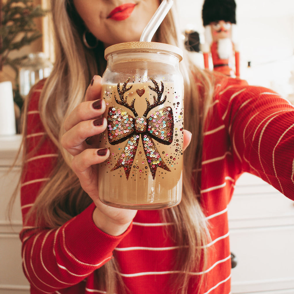 Sequin Bow Antlers 17oz Glass Cup