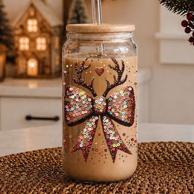 Sequin Bow Antlers 17oz Glass Cup