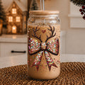 Sequin Bow Antlers 17oz Glass Cup