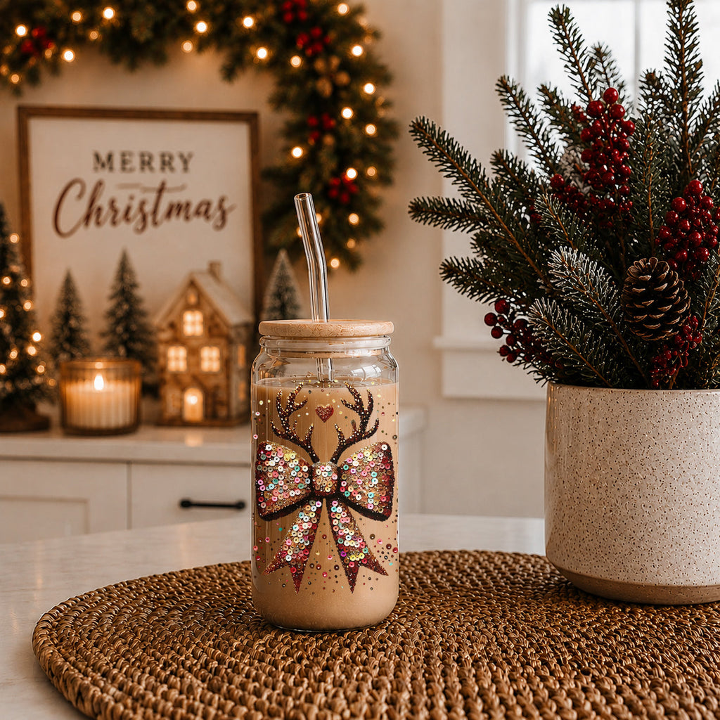 Sequin Bow Antlers 17oz Glass Cup