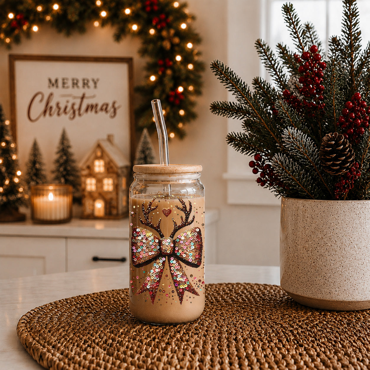 Sequin Bow Antlers 17oz Glass Cup