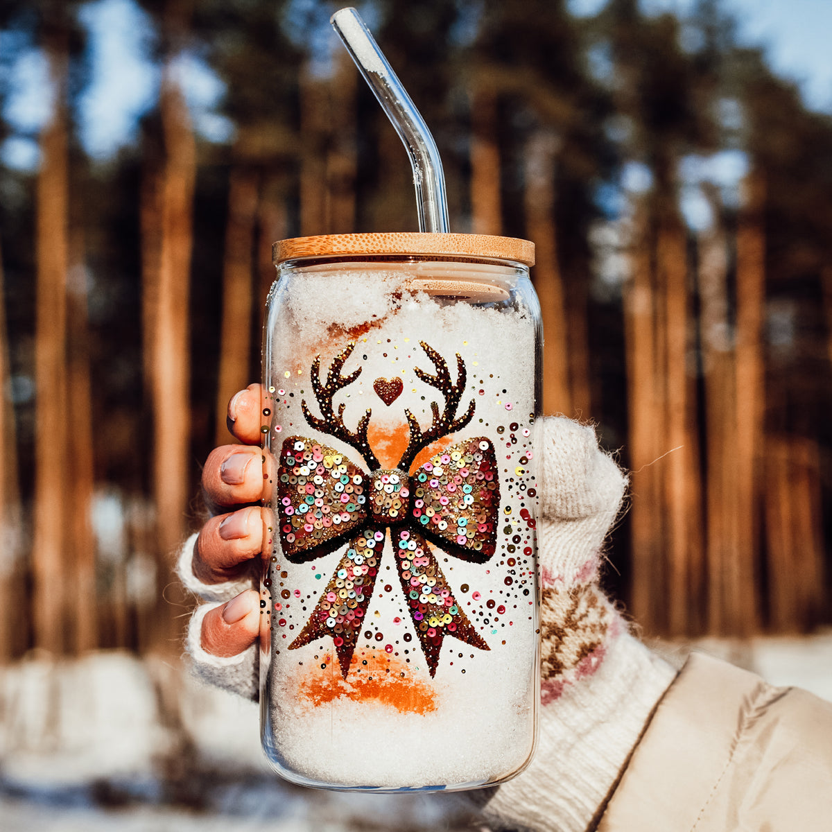 Sequin Bow Antlers 17oz Glass Cup