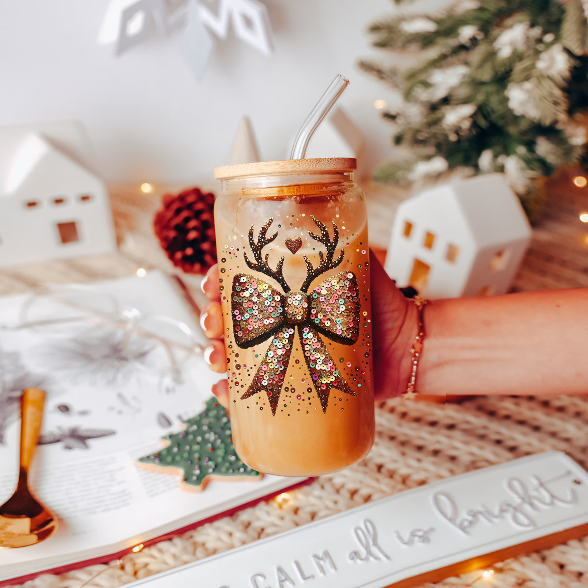 Sequin Bow Antlers 17oz Glass Cup