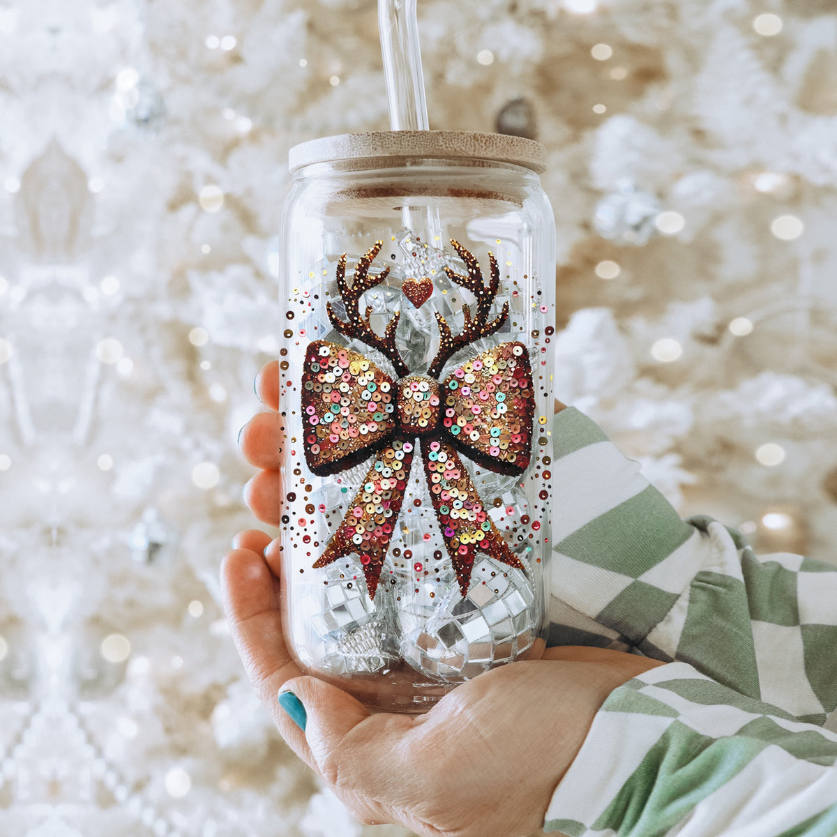 Sequin Bow Antlers 17oz Glass Cup