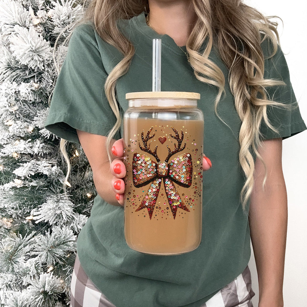 Sequin Bow Antlers 17oz Glass Cup