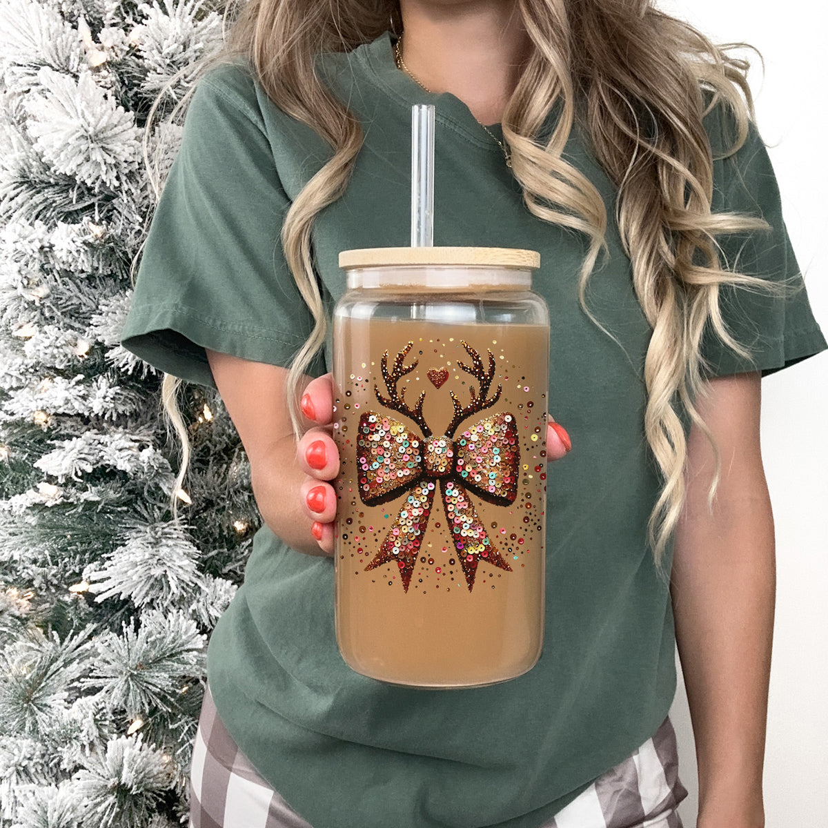 Sequin Bow Antlers 17oz Glass Cup