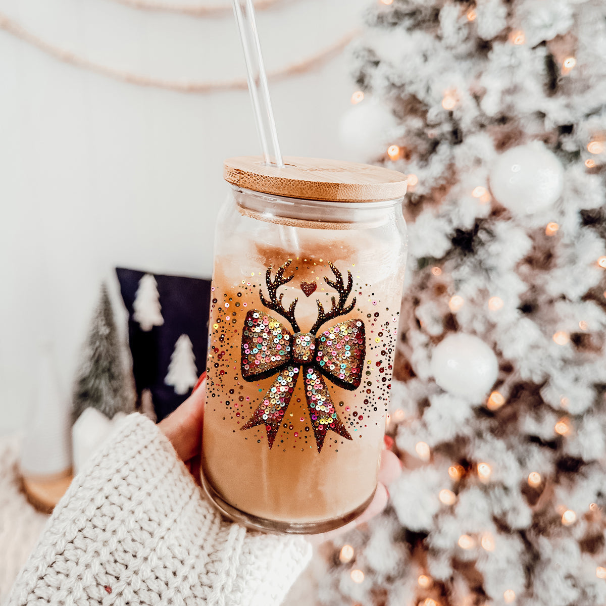 Sequin Bow Antlers 17oz Glass Cup
